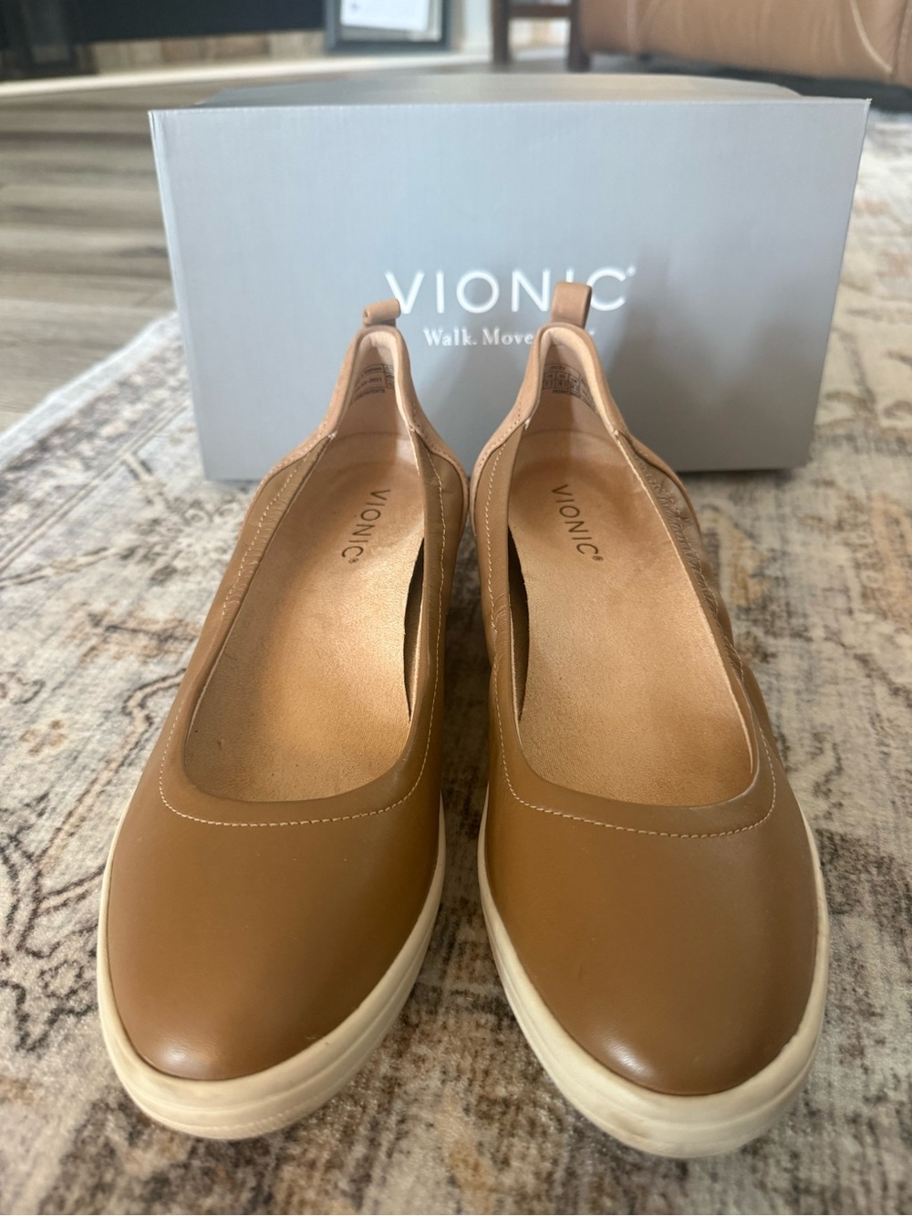Vionic Brown Leather Slip-On Flats with White Sole